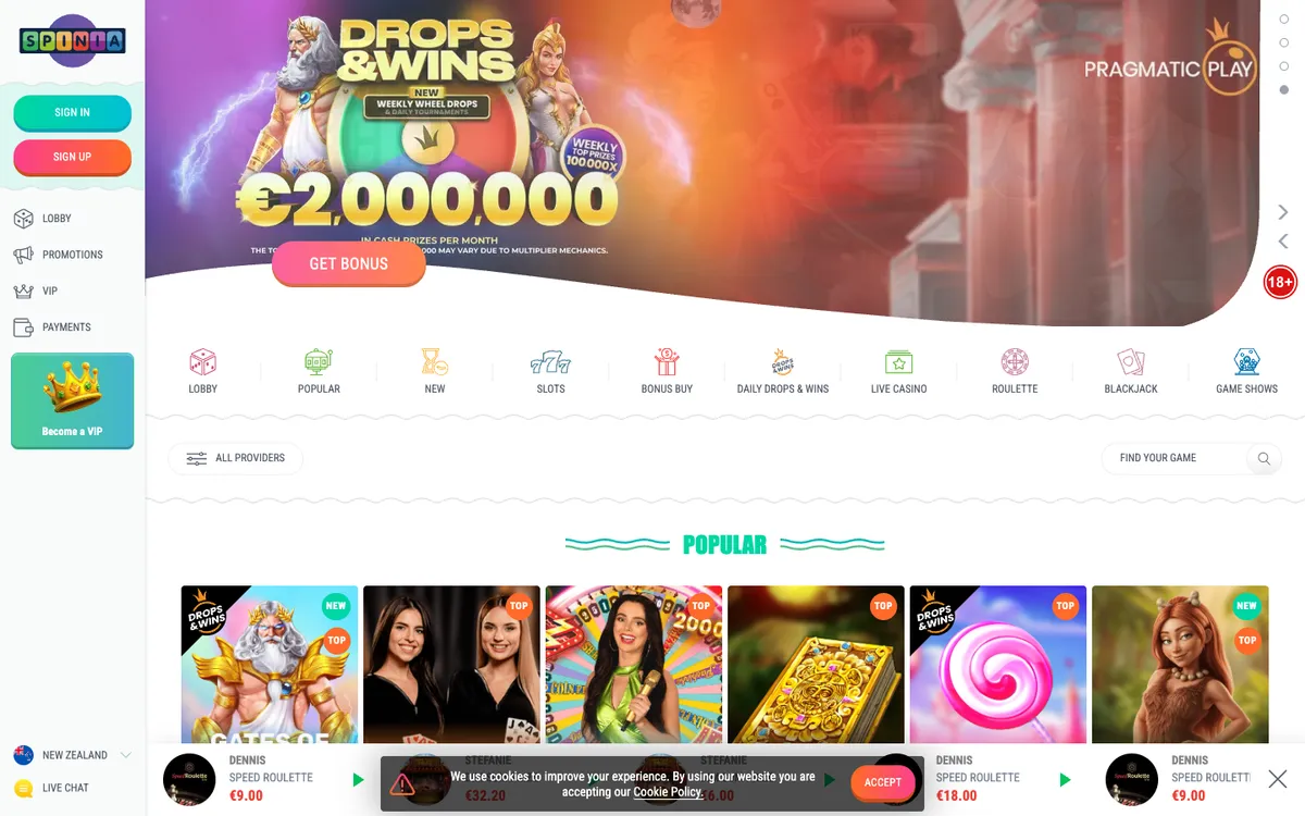 Spinia Casino — Home page, captured from New Zealand
