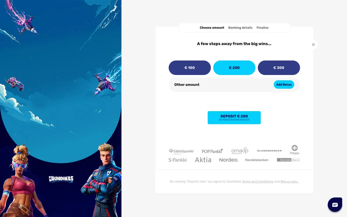 Vauhdikas Casino — «Регистрация», снято из страны Финляндия