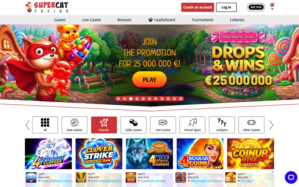 SuperCat Casino — Home page, captured from Chile