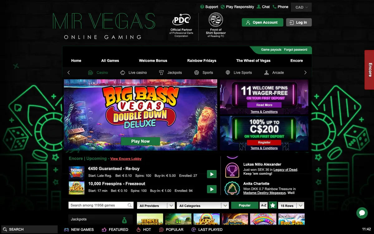 Mr Vegas Casino — Home page, captured from Canada