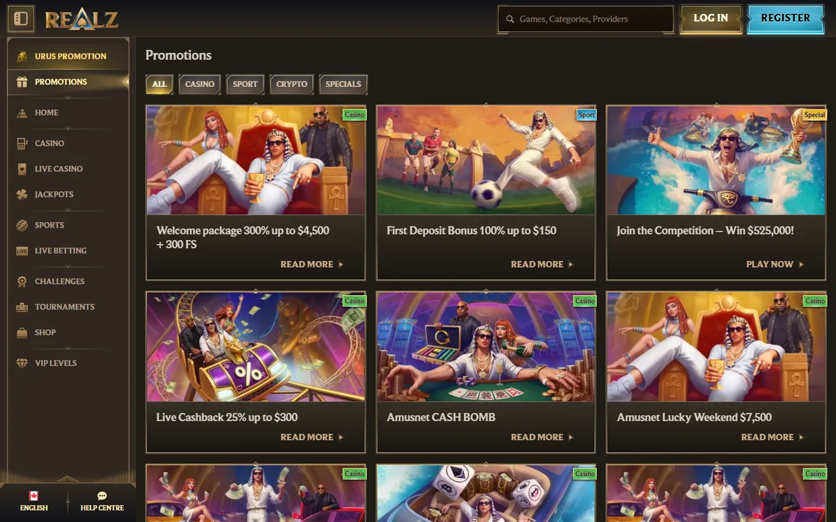 Realz Casino — «Акции», снято из страны Канада