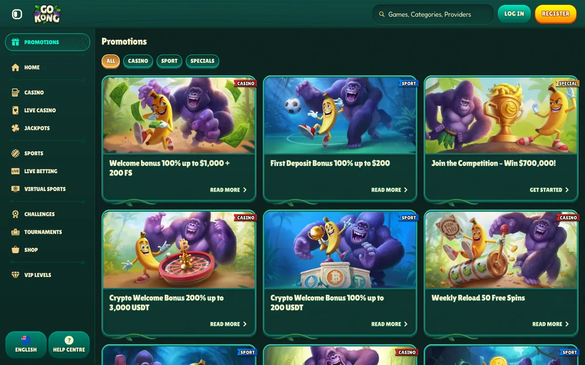 GoKong Casino — Promotions, captured from New Zealand