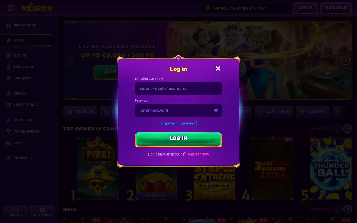 Midarion Casino — Sign-up, captured from Canada
