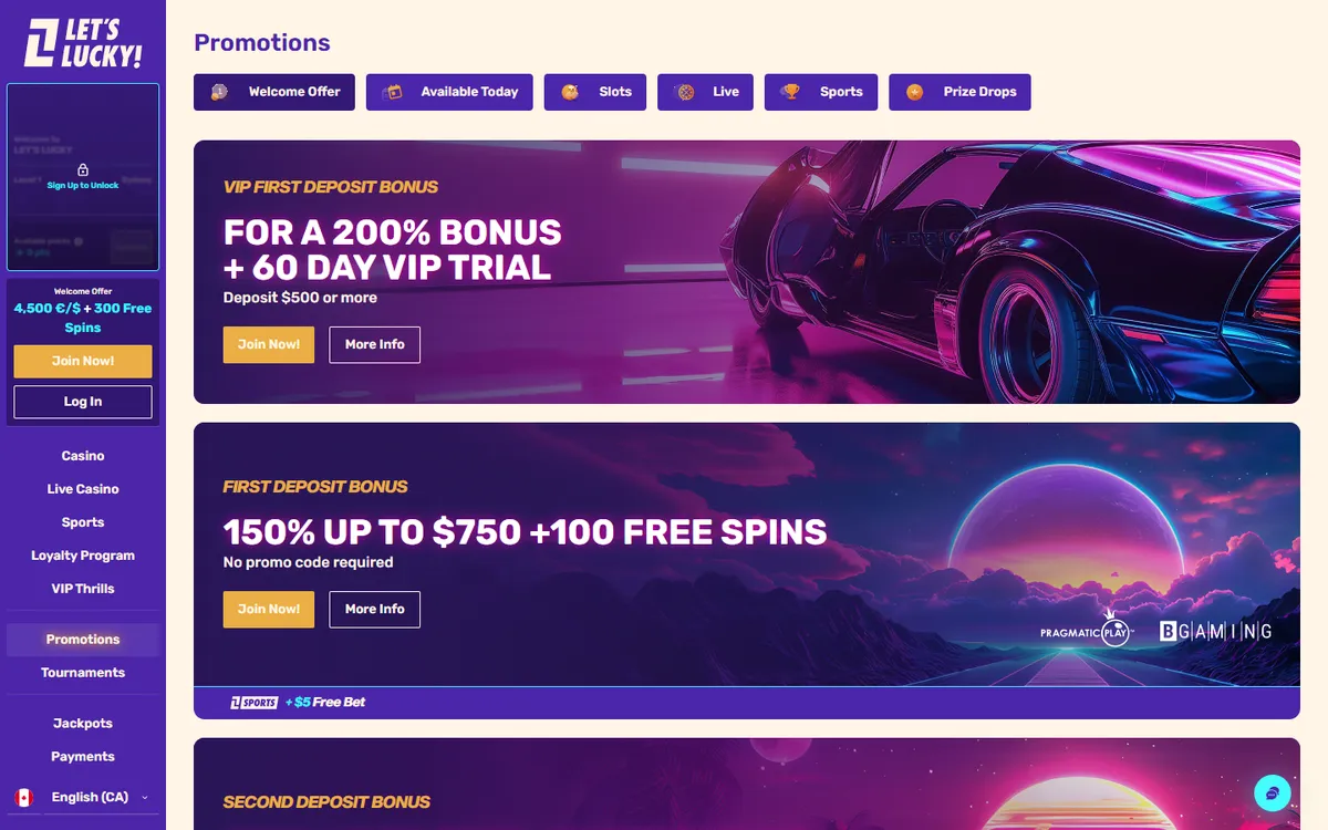 LetsLucky Casino — «Акции», снято из страны Канада