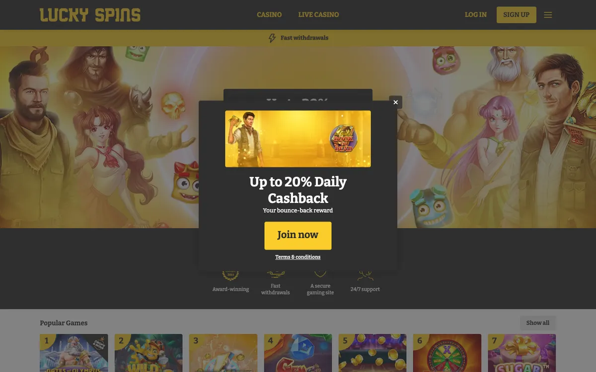Lucky Spins Casino — Home page, captured from Austria