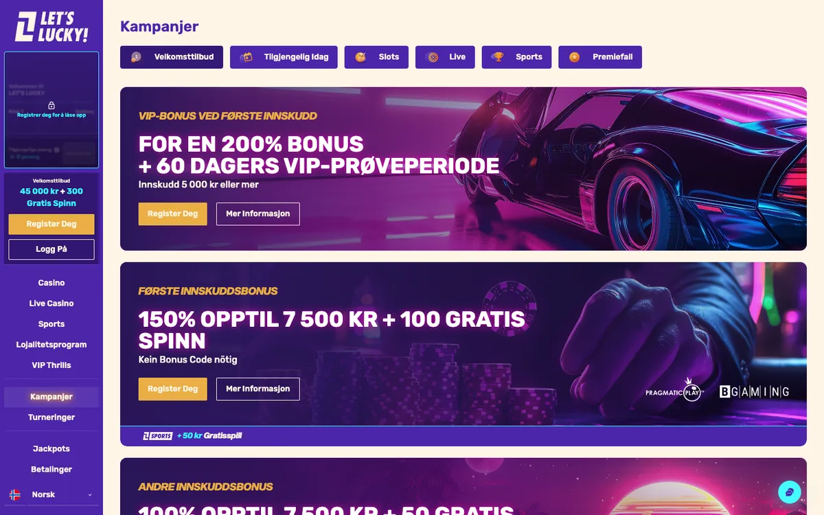 LetsLucky Casino — «Акции», снято из страны Норвегия