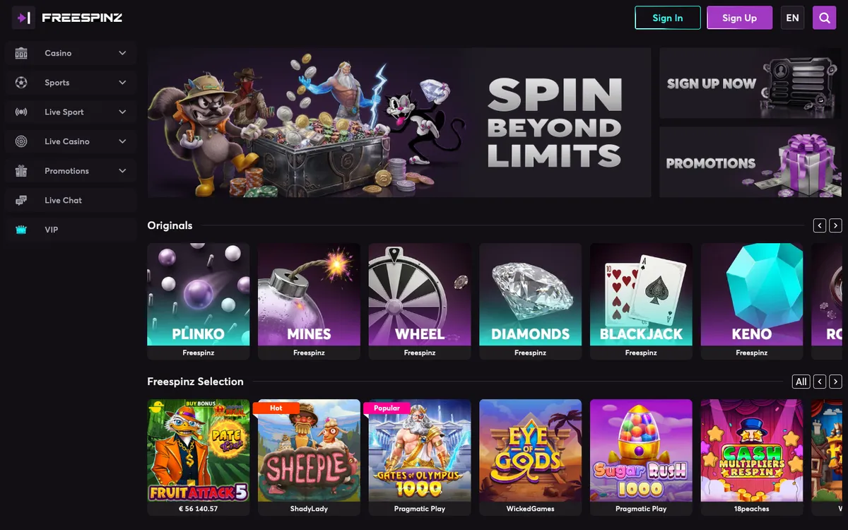 Freespinz Casino — «Главная», снято из страны Канада