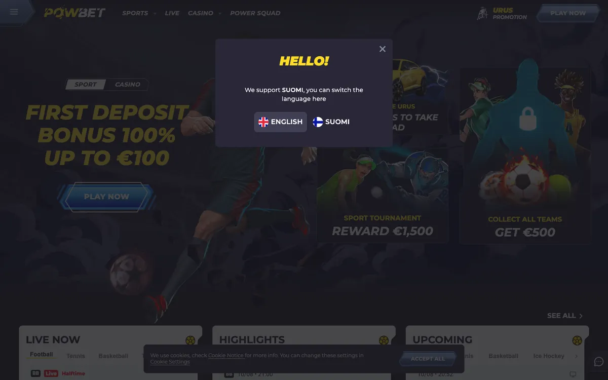 PowBet Casino — Home page, captured from Finland