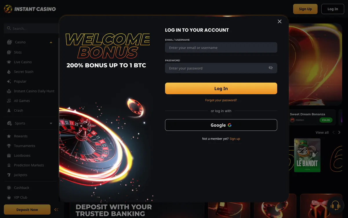 Instant Casino — Sign-up, captured from Finland