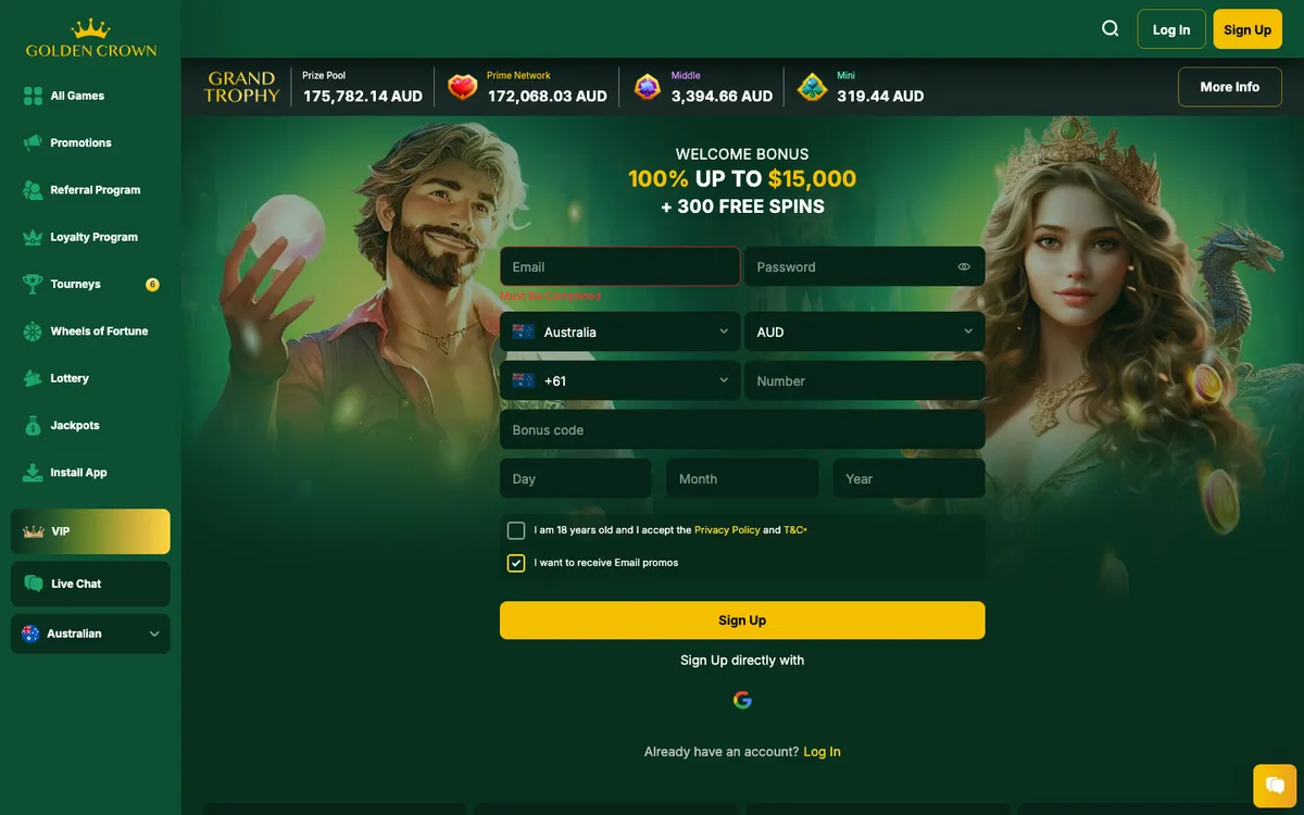 Golden Crown Casino — Home page, captured from Australia