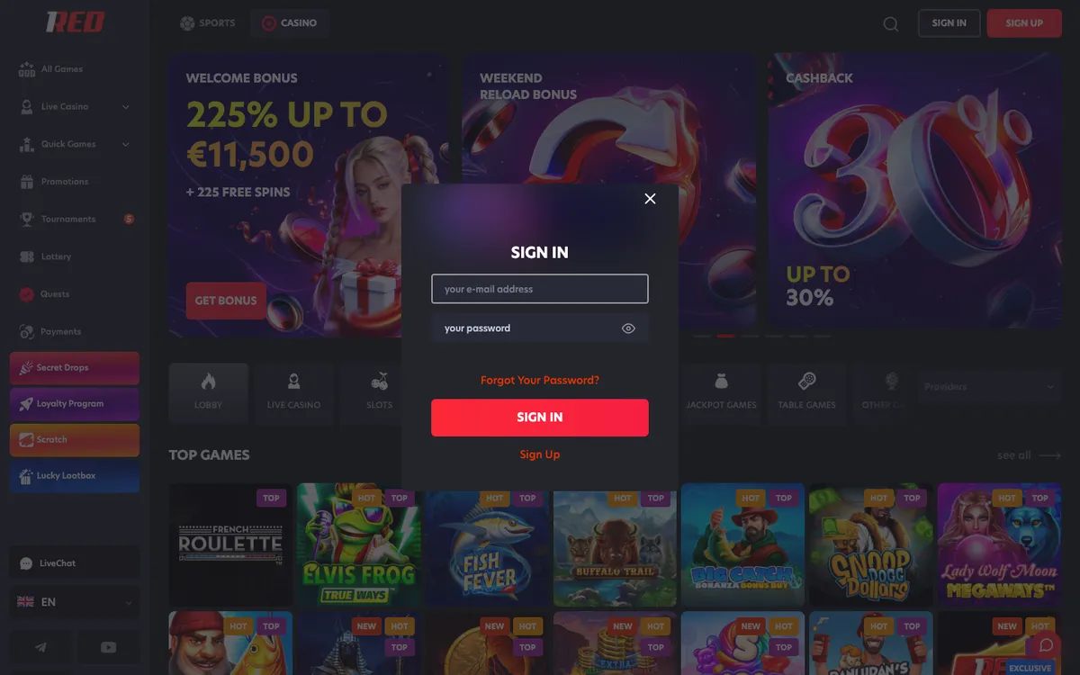 1Red Casino — «Регистрация», снято из страны ОАЭ