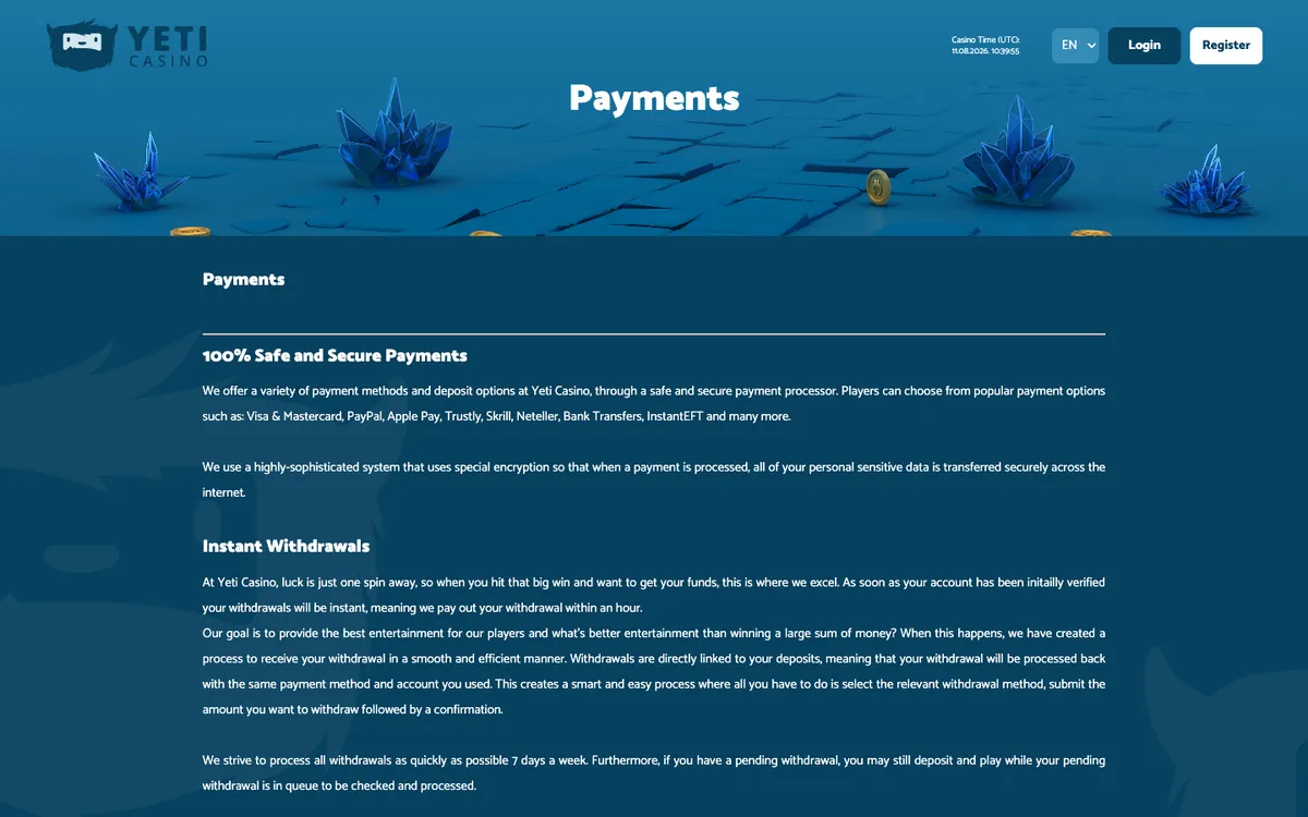 Yeti Casino — Payments, captured from New Zealand