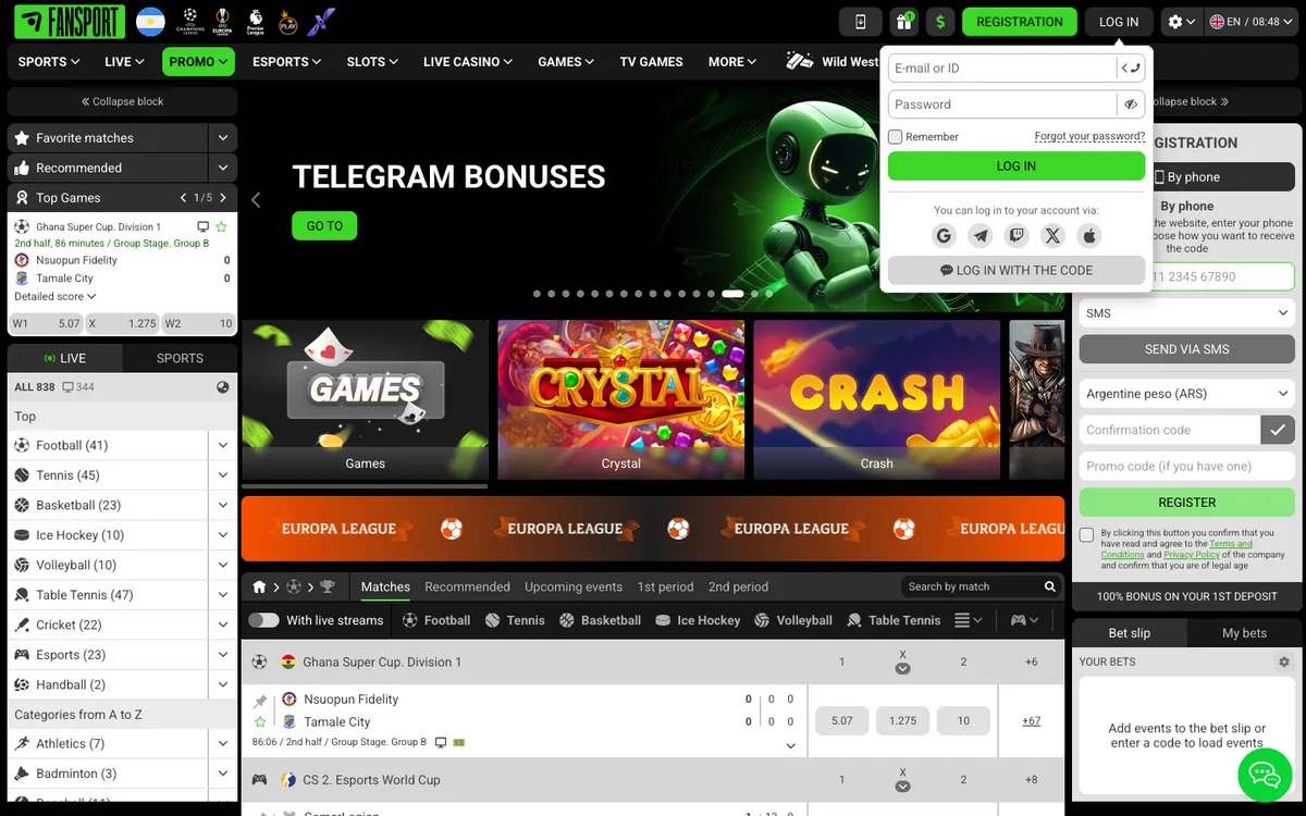 Fansport Casino — Sign-up, captured from Argentina