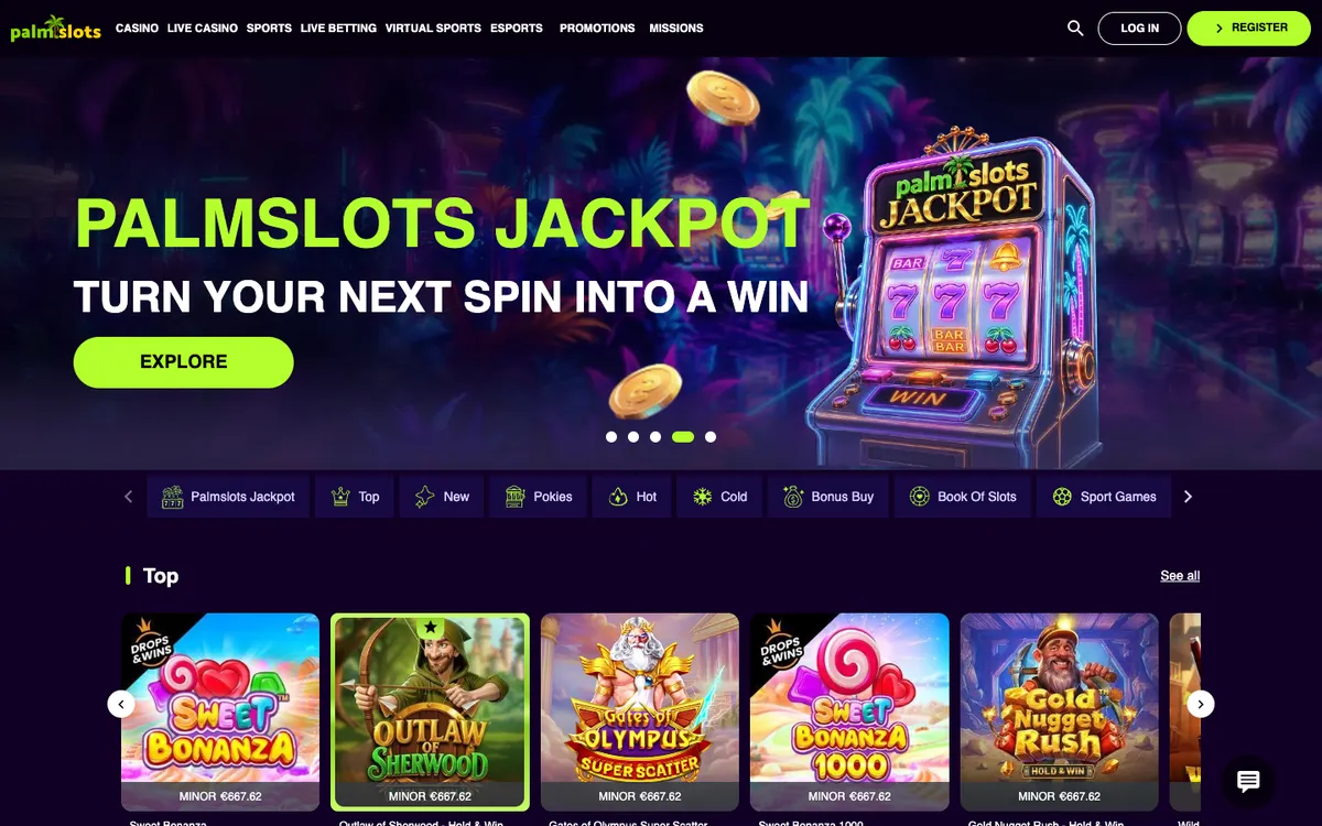 PalmSlots Casino — Home page, captured from Australia