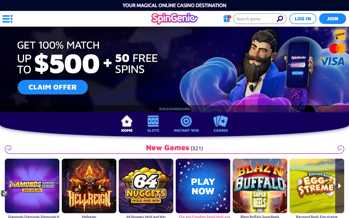 Spin Genie Casino — Home page, captured from Canada