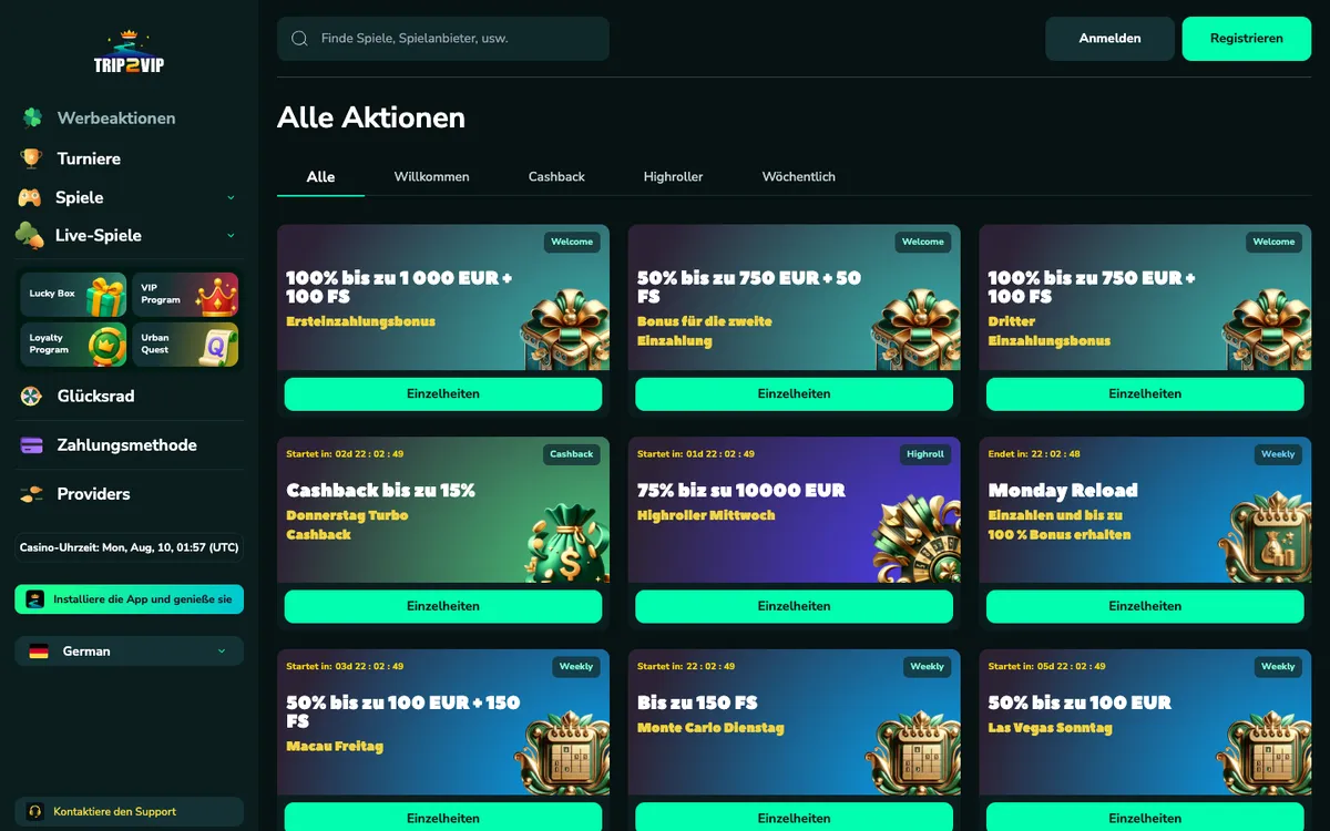 Trip2Vip Casino — «Акции», снято из страны Германия