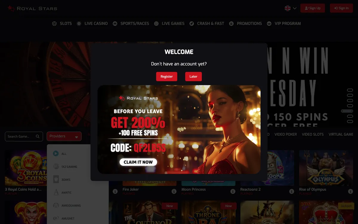 Royal Stars Casino — Home page, captured from Australia
