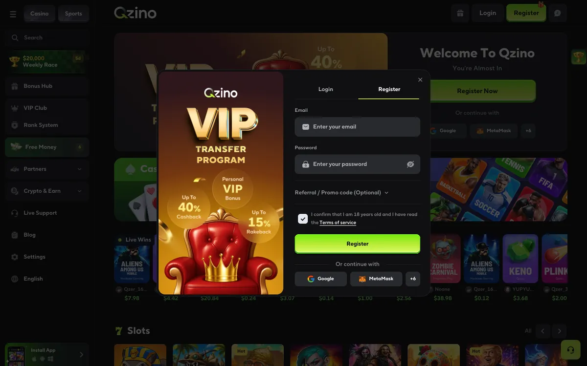 Qzino Casino — Sign-up, captured from Germany