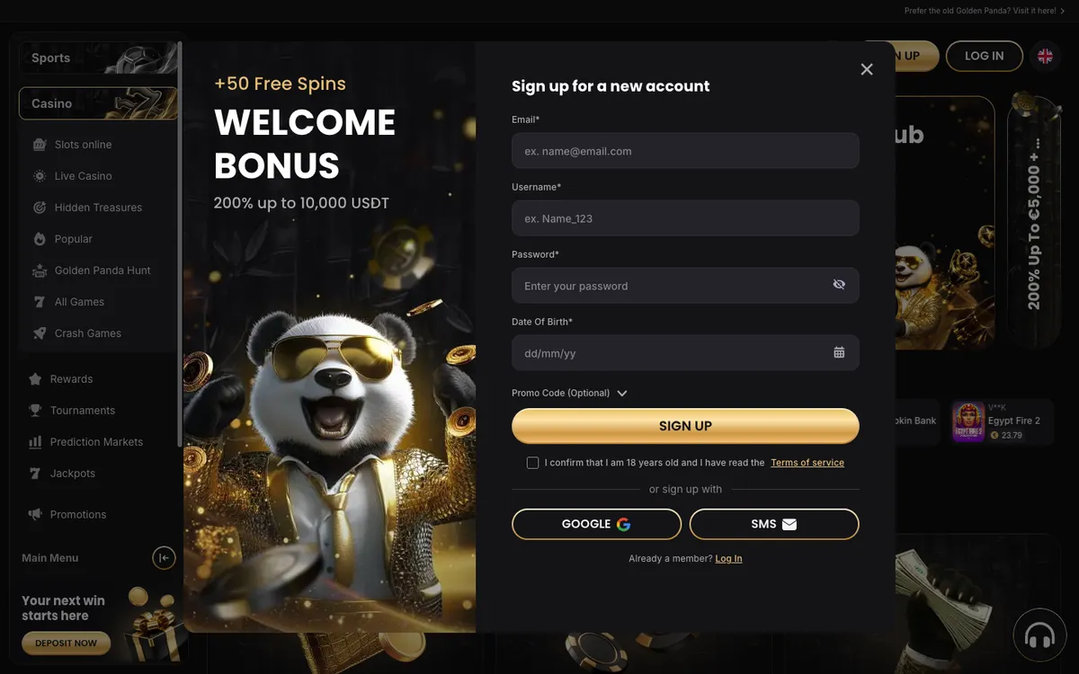 Golden Panda Casino — Sign-up, captured from Canada