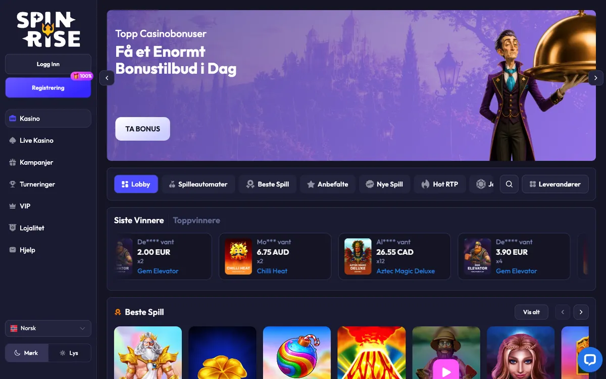 Spinrise Casino — Home page, captured from Norway