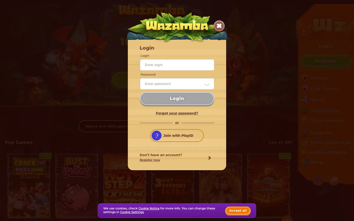 Wazamba Casino — «Регистрация», снято из страны Южно-Африканская Республика