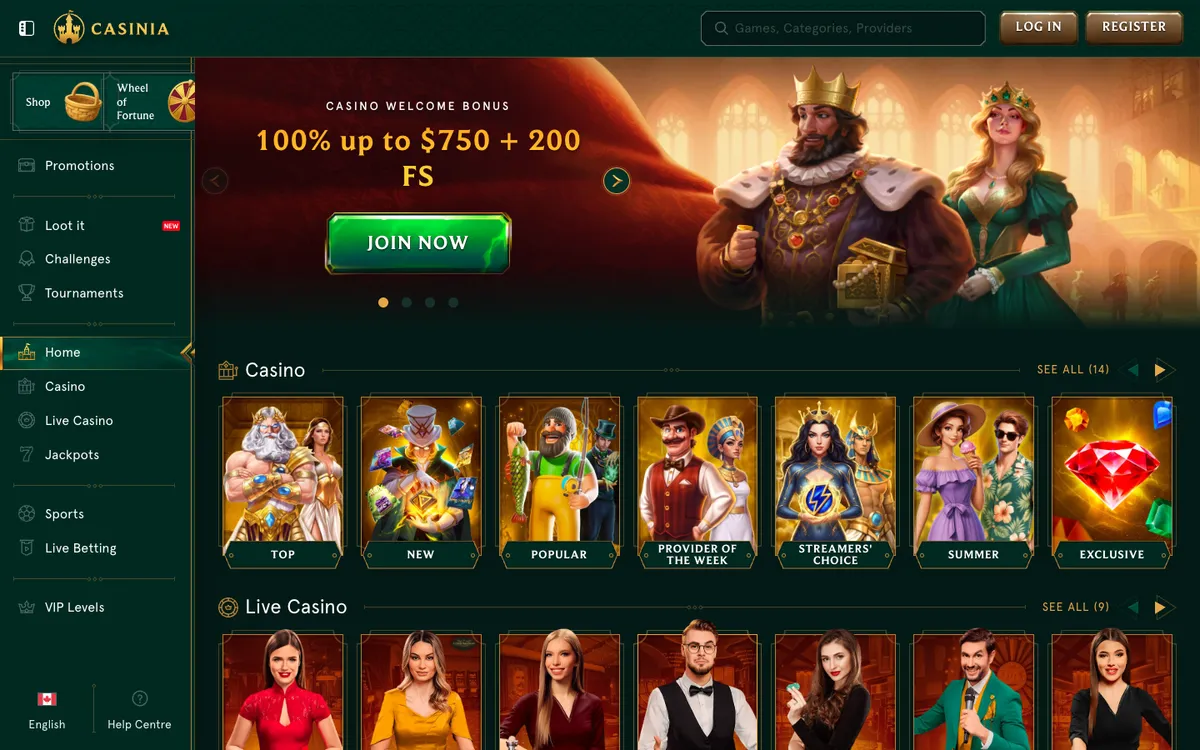 Casinia Casino — Home page, captured from Canada