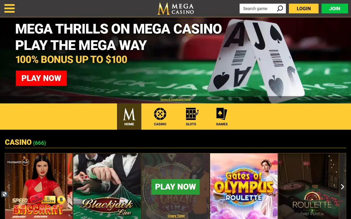 Mega Casino — Home page, captured from Canada