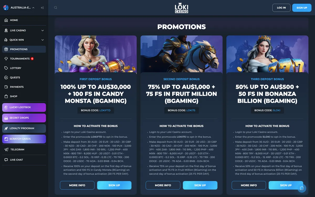 Loki Casino — «Акции», снято из страны Австралия