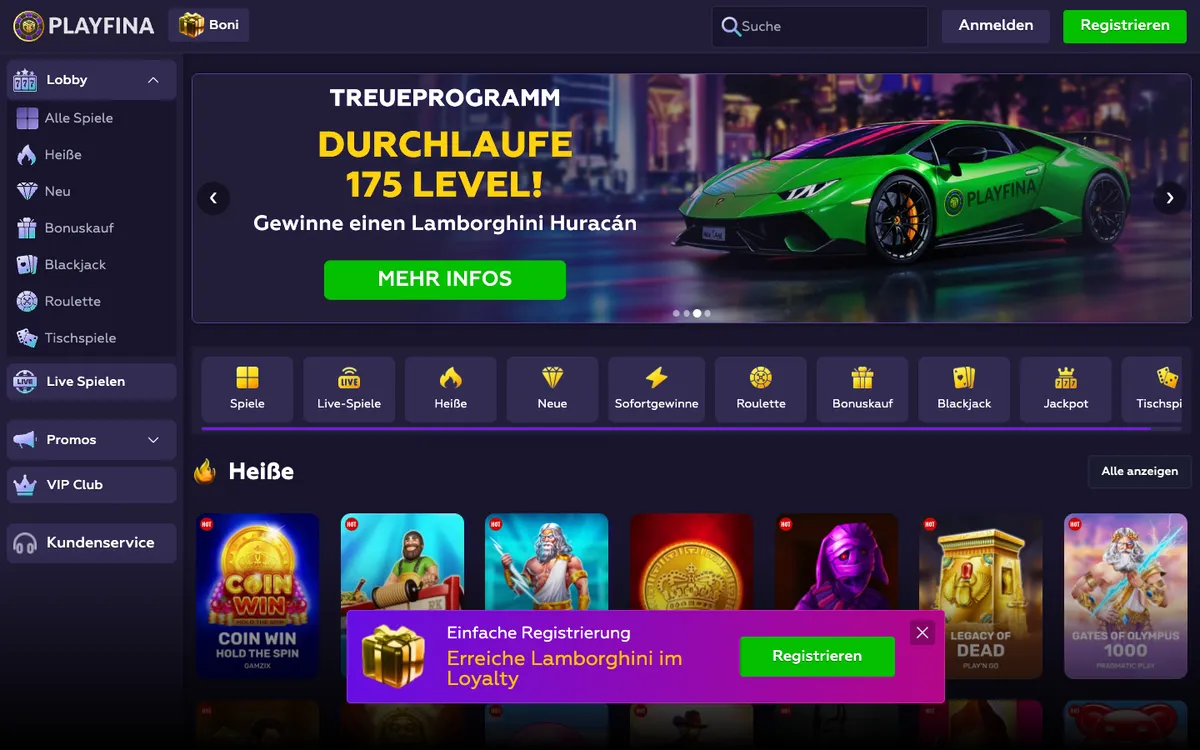 Playfina Casino — Home page, captured from Austria