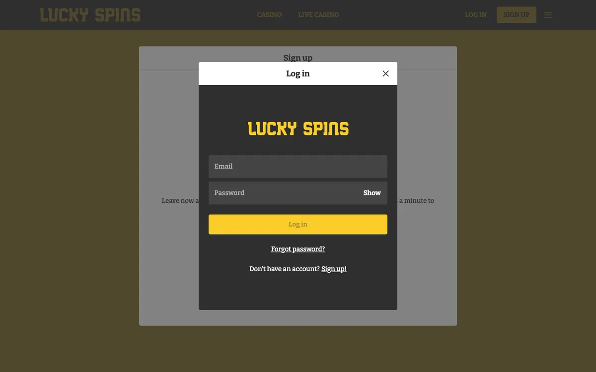 Lucky Spins Casino — Sign-up, captured from Austria
