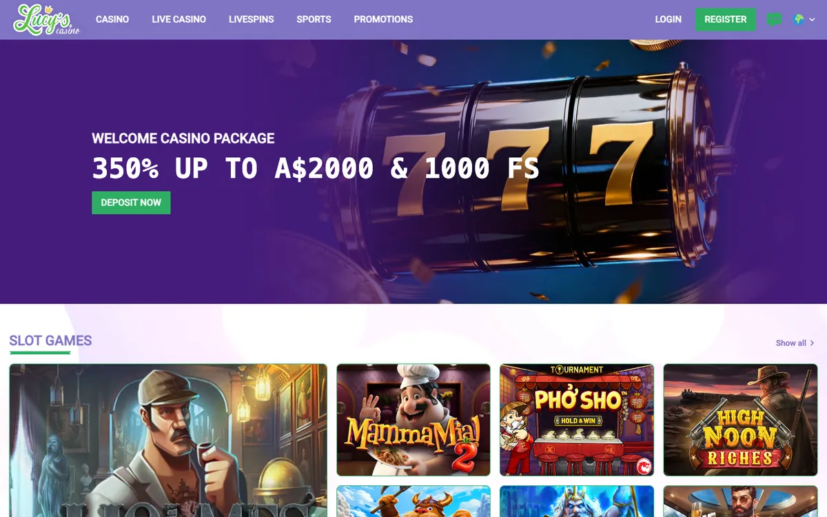 Lucy's Casino — Home page, captured from Australia