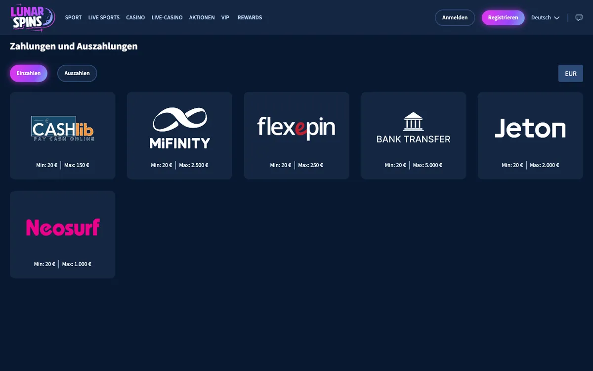 Lunarspins Casino — Payments, captured from Germany