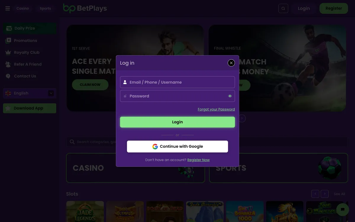 BetPlays Casino — Sign-up, captured from Italy