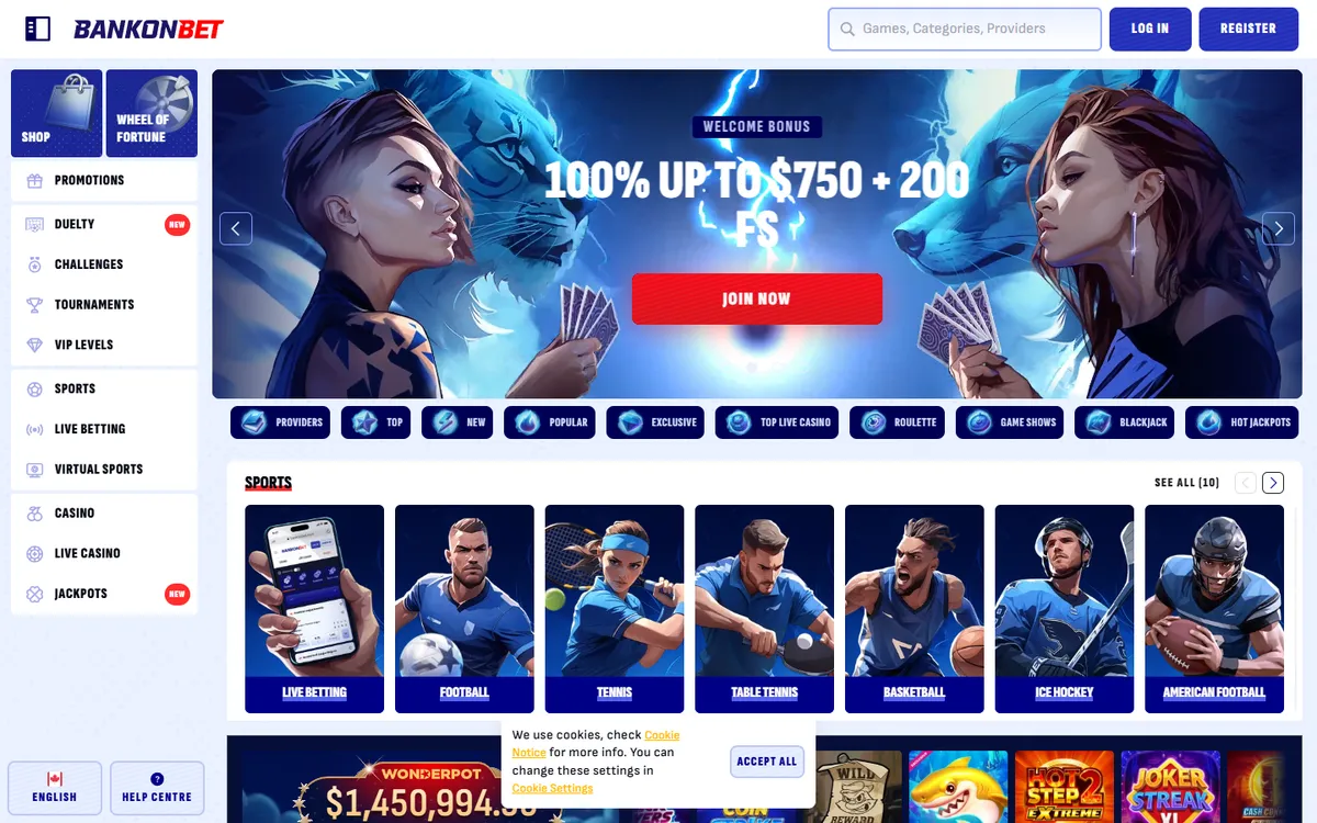Bankonbet Casino — Home page, captured from Canada