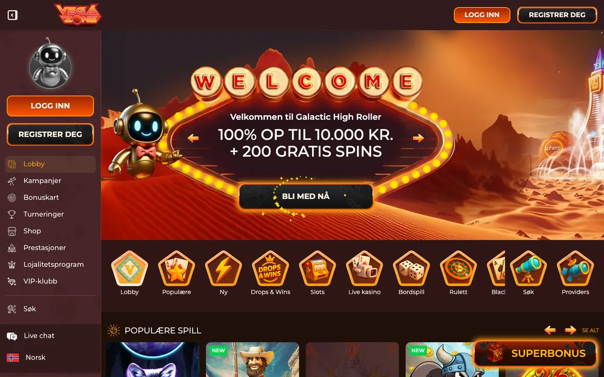 VegaZone Casino — Home page, captured from Norway