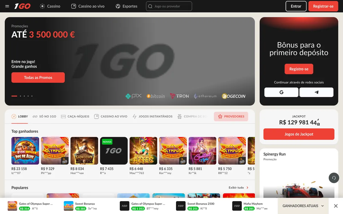 1Go Casino — Home page, captured from Brazil