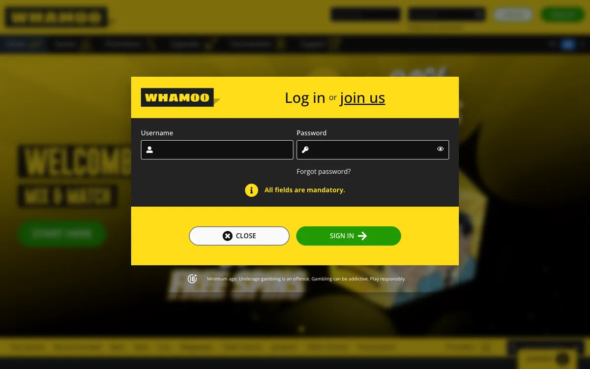 Whamoo Casino — «Регистрация», снято из страны Испания
