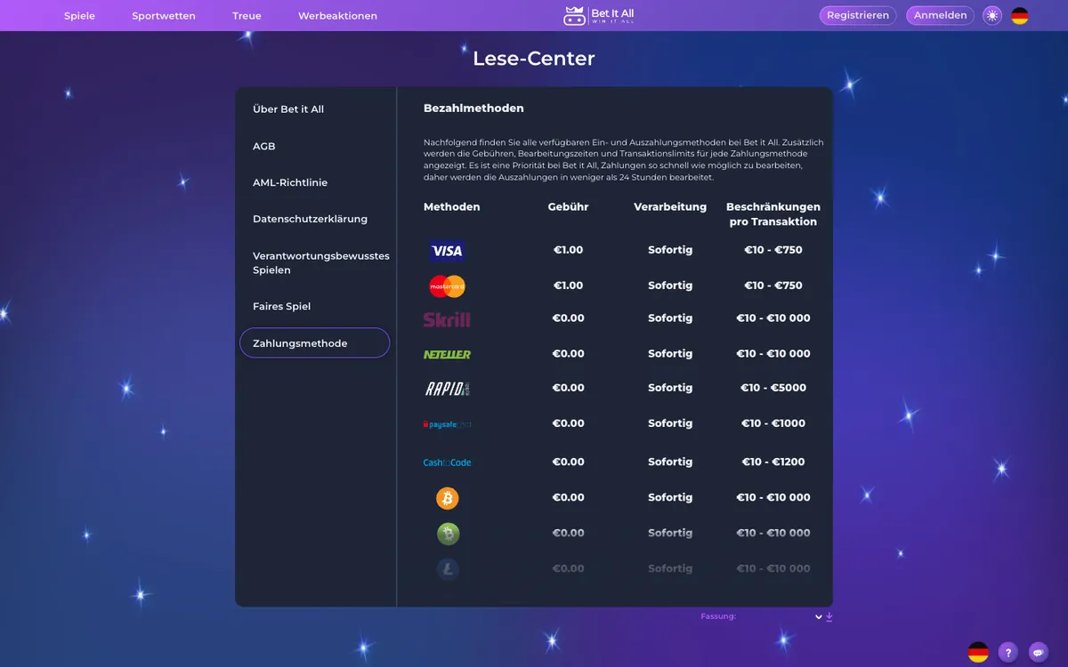 Bet It All Casino — Payments, captured from Austria