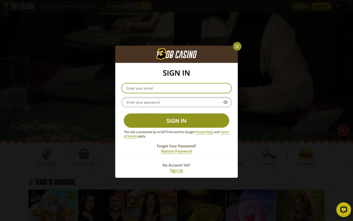 Bob Casino — Sign-up, captured from New Zealand