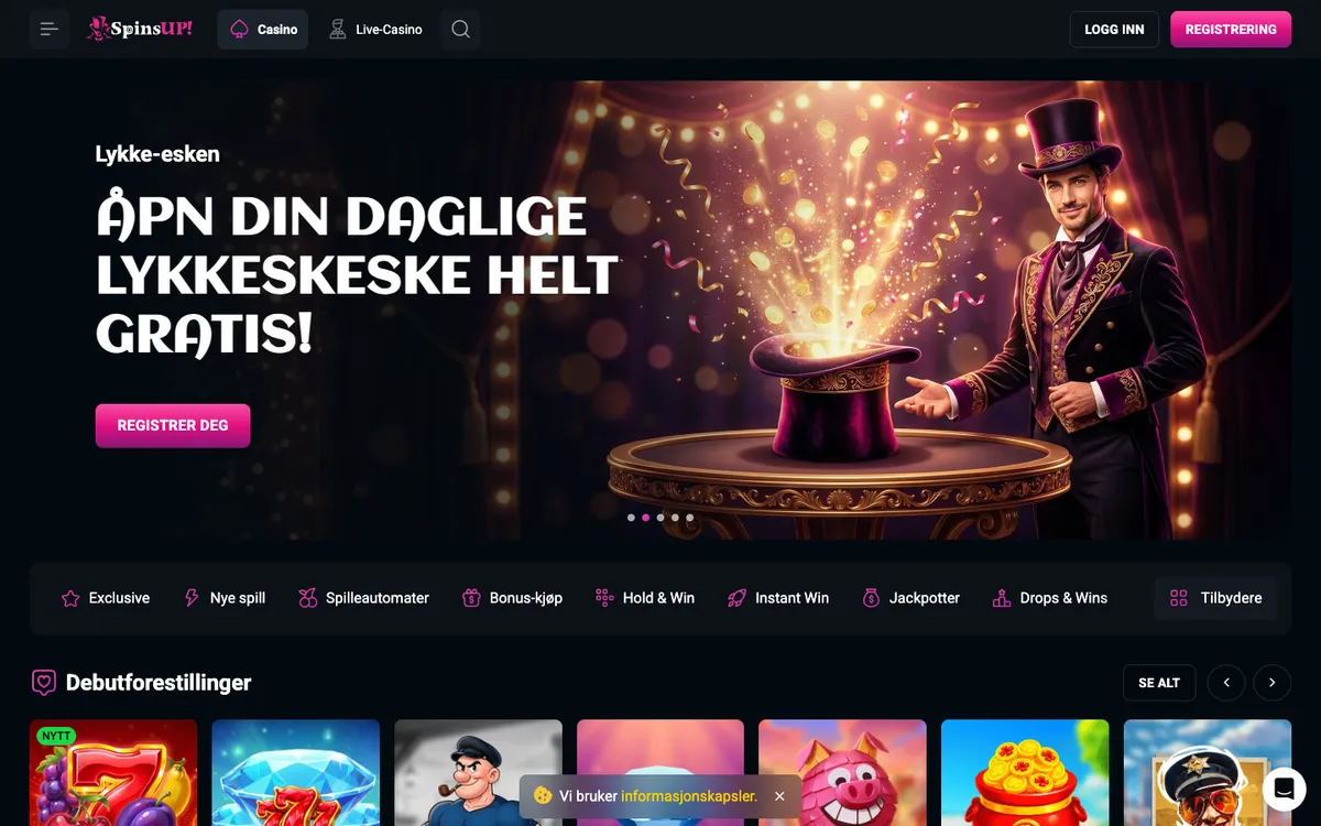 SpinsUP Casino — Home page, captured from Norway