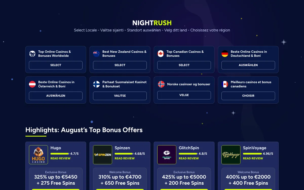 NightRush Casino — Home page, captured from Hungary