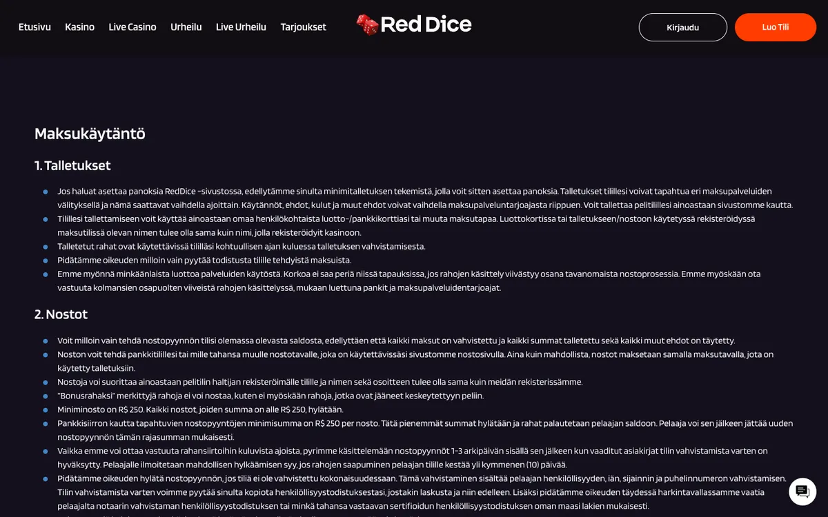 Red Dice Casino — Payments, captured from Finland