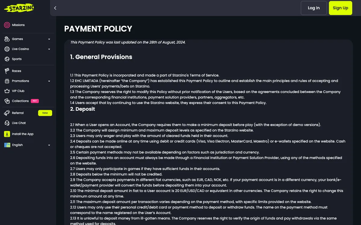 Starzino Casino — Payments, captured from Belgium