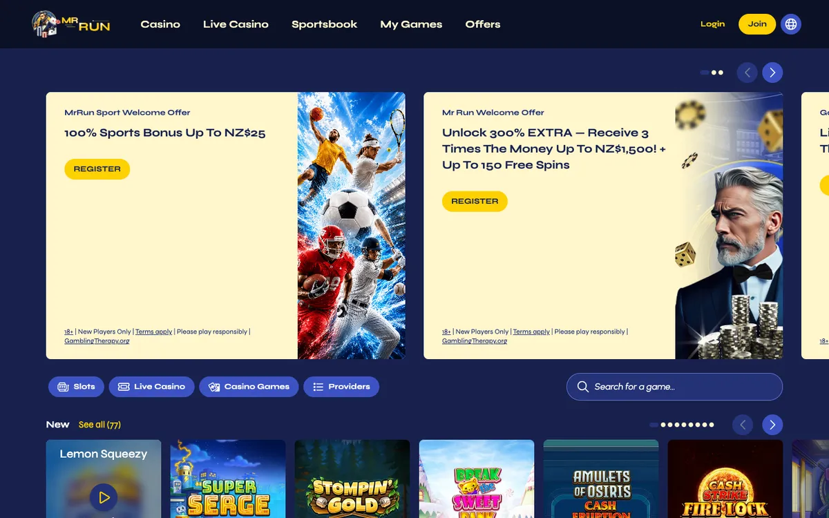 MrRun Casino — «Главная», снято из страны Новая Зеландия