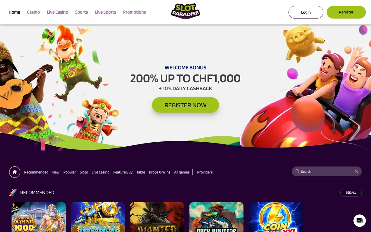 Slotparadise Casino — Home page, captured from Switzerland