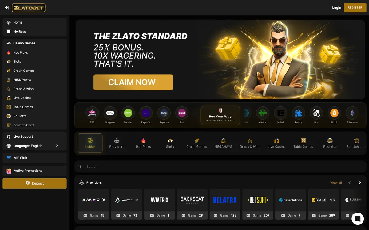 ZlatoBet Casino — Home page, captured from Austria