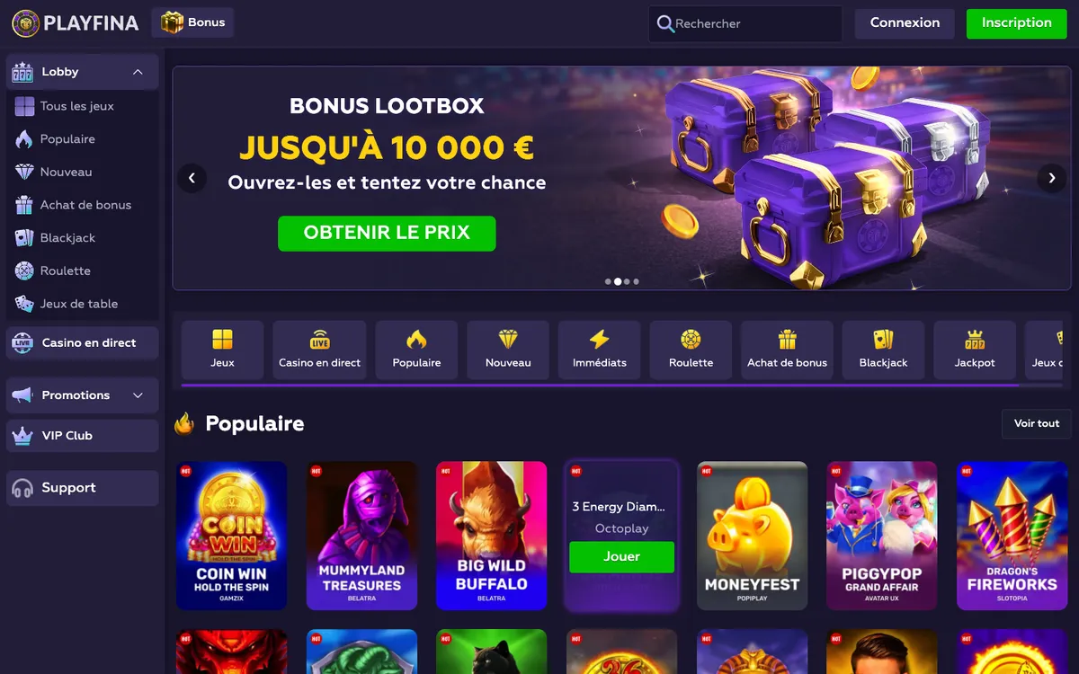 Playfina Casino — Home page, captured from France
