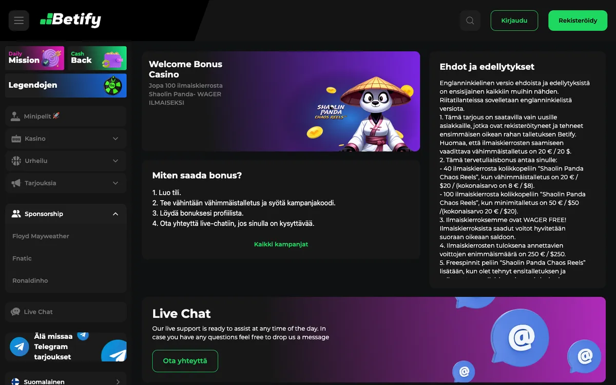 Betify Casino — Promotions, captured from Finland