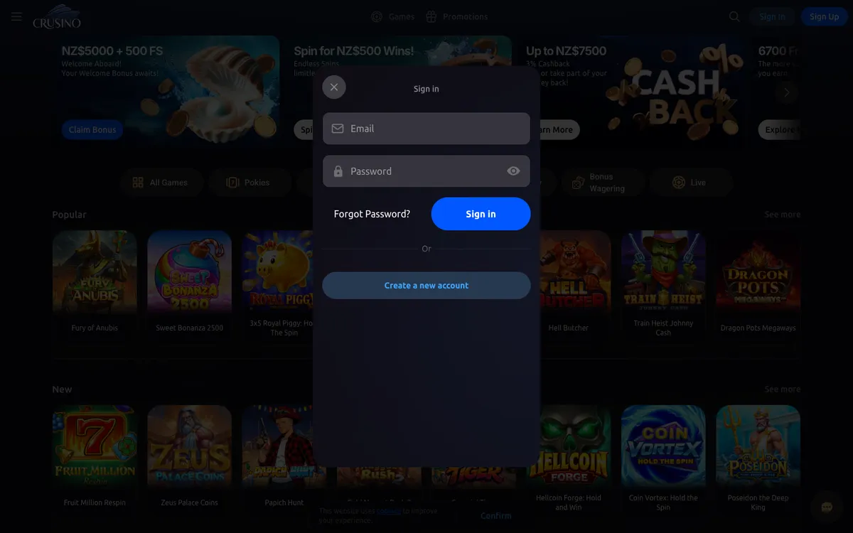 Crusino Casino — «Регистрация», снято из страны Новая Зеландия