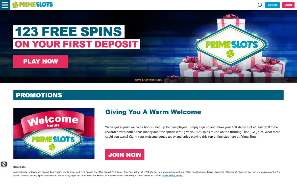 Prime Slots Casino — Promotions, captured from Canada